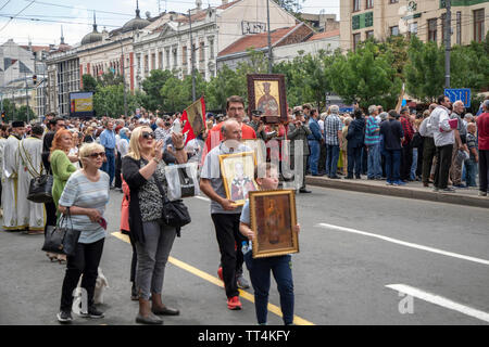 Belgrade, Serbia, June 6th 2019: Procession honoring the city holiday Savors Day (Spasovdan) at the Terazije Square Stock Photo