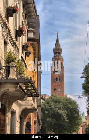 Cityscape of Cremona with bell tower of Cremona cathedral also called Torrazzo, Italy Stock Photo