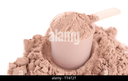 Whey protein powder in scoop isolated on white Stock Photo