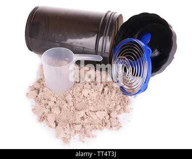 Whey protein powder and plastic shaker isolated on white Stock Photo