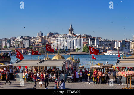 Istanbul, Eminonu / Turkey - May 30 2019: Istanbul landscape, Eminonu and Halic seaside, Galata Tower view. Populer touristic destination historic pen Stock Photo