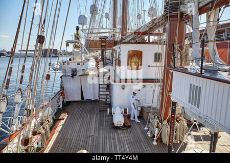 Szczecin, Poland - June 13, 2019: Deck of Spanish Navy Sailing Training Ship Juan Sebastian de Elcano moored in Szczecin. Stock Photo
