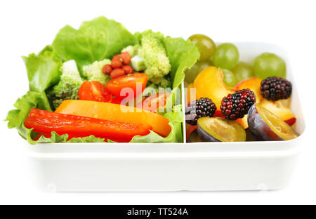 Tasty vegetarian food in plastic box, isolated on white Stock Photo