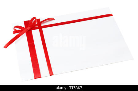White envelope and red ribbon isolated on white Stock Photo