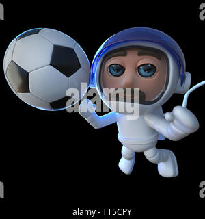 3d render of a funny cartoon spaceman astronaut character playing football in space Stock Photo