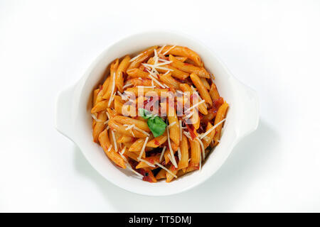 penne arabiata pasta top view isolated Stock Photo