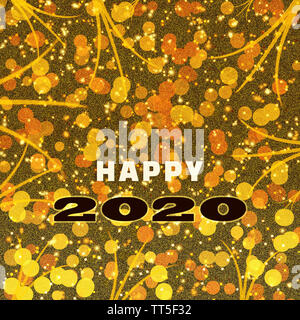 Gold abstract texture background with stars, shimmering lights and text 'HAPPY 2020'. Square greeting card for Christmas and New Year. Stock Photo
