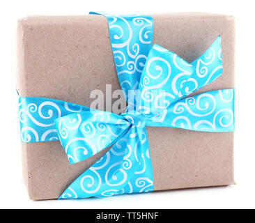 Holiday gift box decorated with blue ribbon isolated on white Stock Photo