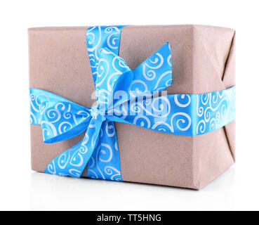 Holiday gift box decorated with blue ribbon isolated on white Stock Photo