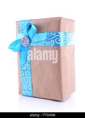 Holiday gift box decorated with blue ribbon isolated on white Stock Photo