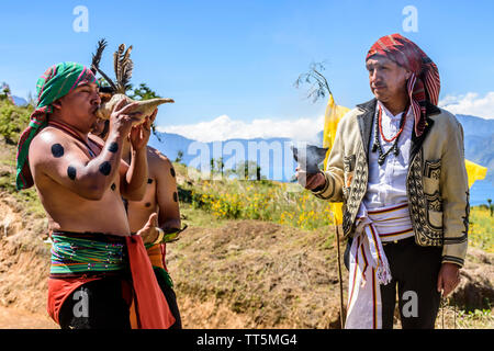 San Andres Semetabaj, Lake Atitlan, Guatemala - November 10, 2018:  Maya shamen perform land blessing ceremony before traditional Maya ballgame. Stock Photo