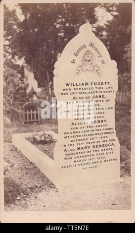 CDV (Carte De Visite) Showing The Victorian Gravestone of William Fugett Who Died in 1885. Laid To Rest With His Wife Jane Who Died in 1865 and Their 25 Year Old Son Henry Who Was Lost In The Rhone off Peter Island, West Indies in 1867. Also Laid To Rest With Their Daughter Mary Rebecca Who Died Aged 14 in 1870 Stock Photo