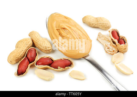 Creamy peanut butter in spoon isolated on white background, closeup. A  traditional product of American cuisine Stock Photo - Alamy