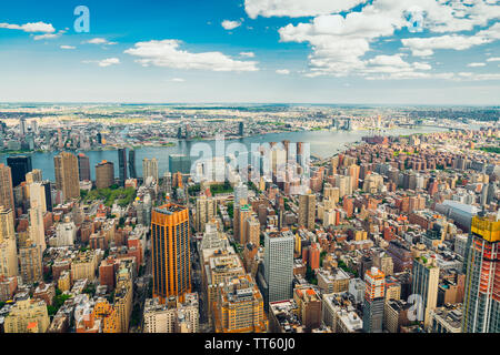 New York City Skyline Aerial View, Beautiful Cloudy Blue Sky Background Stock Photo
