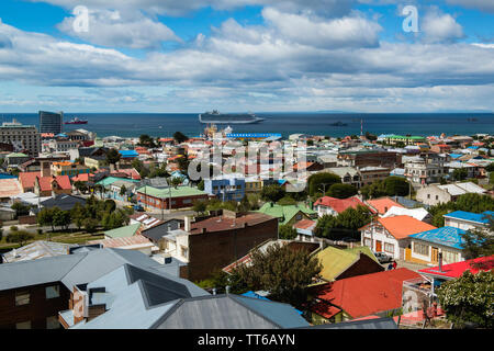 Panoramic view of the city and the Magellan strait from La Cruz Hill, Punta Arenas, Chile, South America Stock Photo