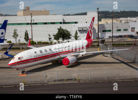 June 2019:  China United Airlines Boeing 737 Max aircraft grounded at Boeing Field factory near Seattle, Washington, USA during unsafe software crisis Stock Photo