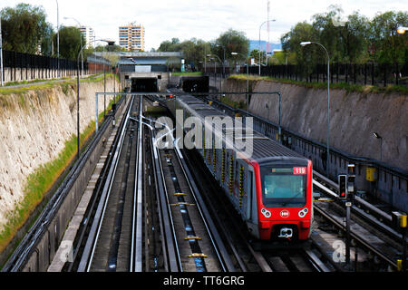 SANTIAGO, CHILE - OCTOBER 2015: Metro de Santiago train between San Pablo and Neptuno stations Stock Photo