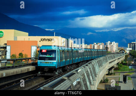 SANTIAGO, CHILE - OCTOBER 2015: A Santiago Metro NS93 train entering Pedrero station Stock Photo