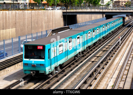 SANTIAGO, CHILE - OCTOBER 2015: A detailed view of the NS74 train from the Santiago Metro Stock Photo