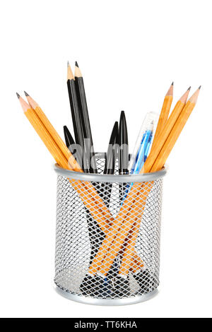 Pens and sharp pencils in metal vase isolated on white background Stock Photo