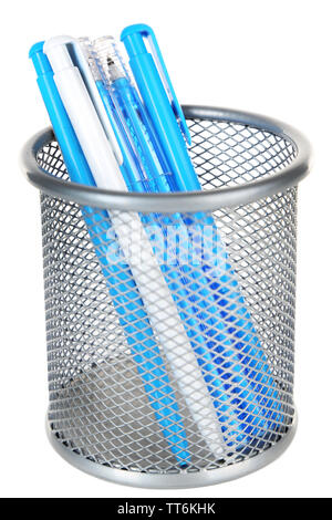 Blue and white pens in metal vase isolated on white background Stock Photo