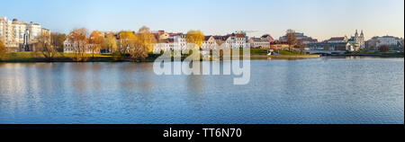 View of Upper Town and Traetskae Pradmestse or Trinity Suburb and Island of Tears Chapel or Island of Courage and Sorrow on Svisloch river bank in his Stock Photo