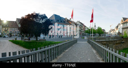 Bulle, FR / Switzerland - 1 June 2019: the historic city center in the Swiss village of Bulle in canton Fribourg Stock Photo