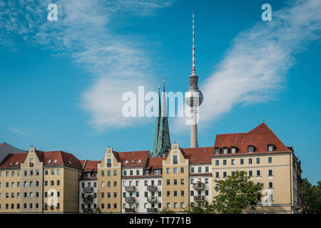 Television  Tower (Fernsehturm),  behind historic district (Nikolaiviertel) in Berlin Germany Stock Photo