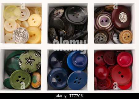 Various of sewing buttons in box, macro view Stock Photo