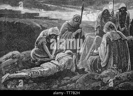 Israelites mourning the death in 1010 BC of  Jonathan killed in a battle against the Philistines at Mount Gilboa overlooking the Jezreel Valley in Israel. Along with Saul who fell on his sword (committing suicide) to avoid capture in the battle. Despoiled by the Philistines, the bodies were rescued by men from Jabesh-gilead and buried in Jabesh. Stock Photo