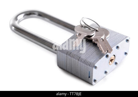 Padlock with keys isolated on white Stock Photo