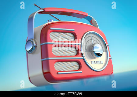 Red vintage retro style radio receiver on the sky background. 3d illustration Stock Photo