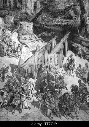 Bringing giant cedar from the Forest of the Lebanon.  After Canaanite and Philistine dominion, King David and his son King Solomon conquered Jaffa and used its port to bring the cedars used in the construction of the First Temple from Tyre during the 1st Century BC.  For some years David was engaged in collecting materials for building a temple in Jerusalem as a permanent home for Yahweh and the Ark of the Covenant. Solomon is described as undertaking the construction of the temple, with the help of an architect, also named Hiram, and other materials, sent from King Hiram of Tyre. Stock Photo