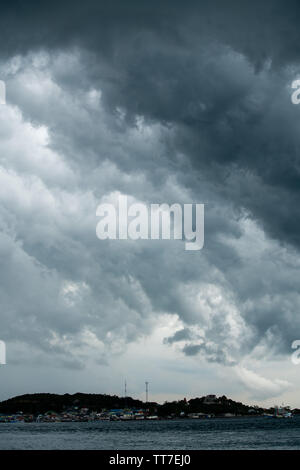 storm cloud background during raining. Dark Clouds. Huge black clouds on dark sky before a thunder-storm. Stock Photo