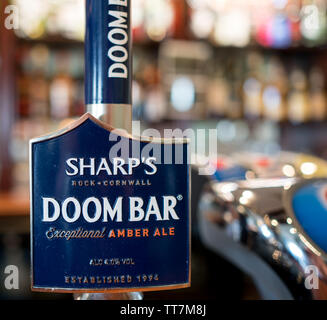 The Doom Bar beer pump at the Carlyon Bay Hotel bar Stock Photo