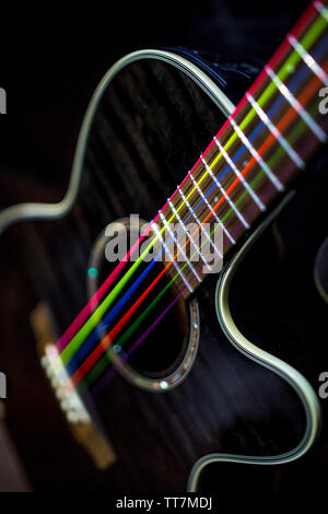 electric acoustic unplugged black guitar with colorful rainbow