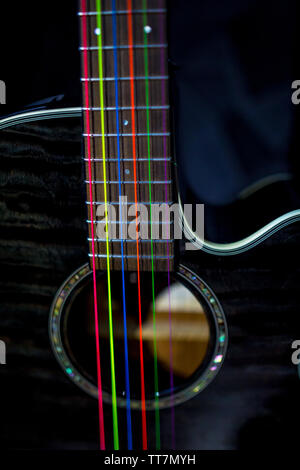 electric acoustic unplugged black guitar with colorful rainbow strings