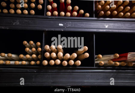 drum sticks tips front view on the shelf of a music store Stock Photo