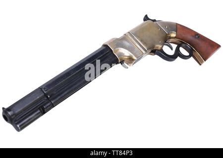 Old vintage weapon - Volcanic Repeating Pistol isolated on white background Stock Photo