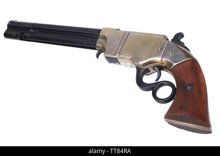 Old vintage weapon - Volcanic Repeating Pistol isolated on white background Stock Photo