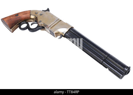 Old vintage weapon - Volcanic Repeating Pistol isolated on white background Stock Photo