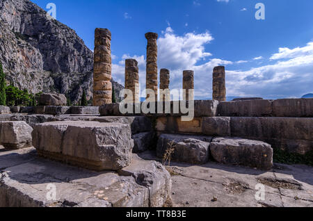 Delphi, Phocis / Greece. Temple of Apollo at the archaeological site of Delphi visible today date from the 4th century BC Stock Photo