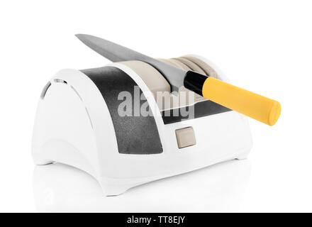 Knife with electric sharpener isolated on white Stock Photo