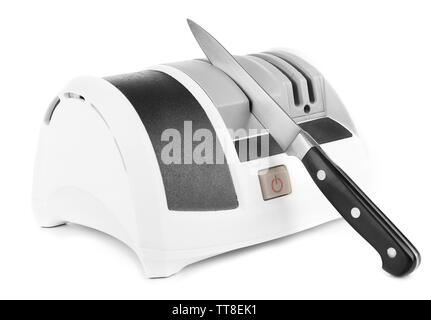 Knife with electric sharpener isolated on white Stock Photo
