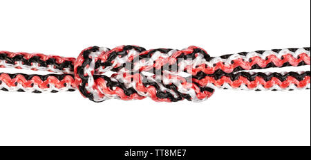 academic knot (version of surgeon's knot, double reef knot) tied on synthetic rope cut out on white background Stock Photo