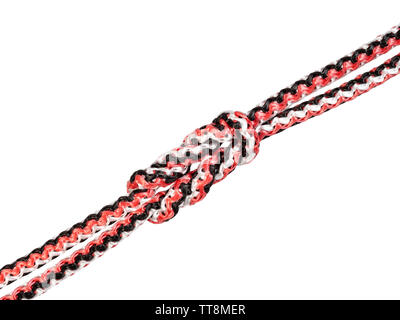 another side of academic knot (version of surgeon's knot, double reef knot) tied on synthetic rope cut out on white background Stock Photo