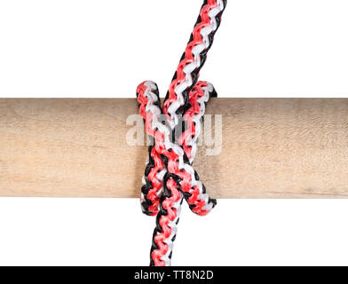 another side of Clove hitch knot tied on synthetic rope cut out on white background Stock Photo