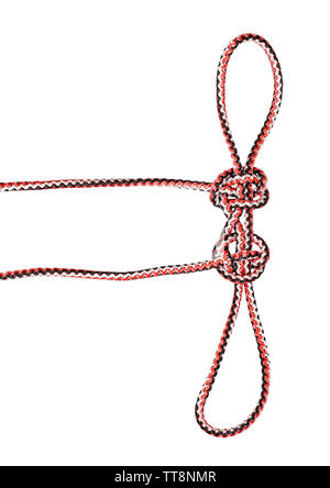 Two Hearts That Beat As One (olympic) knot tied on synthetic rope cut out on white background Stock Photo