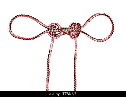 another side of Two Hearts That Beat As One (olympic) knot tied on synthetic rope cut out on white background Stock Photo