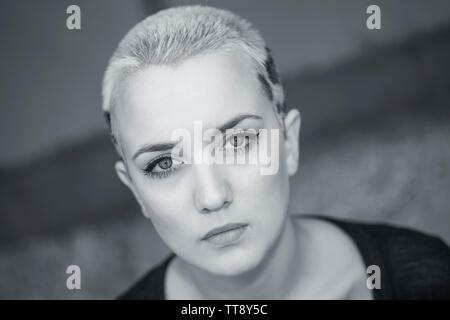 Headshot Portrait Young Woman Very Shorthaired Short Hair Bleached